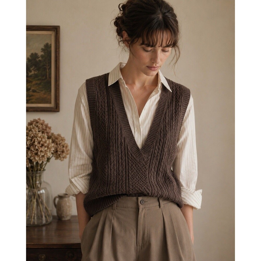 Talbots Deep V Cable Knit Sweater Vest Cashmere Blend Brown Women’s L